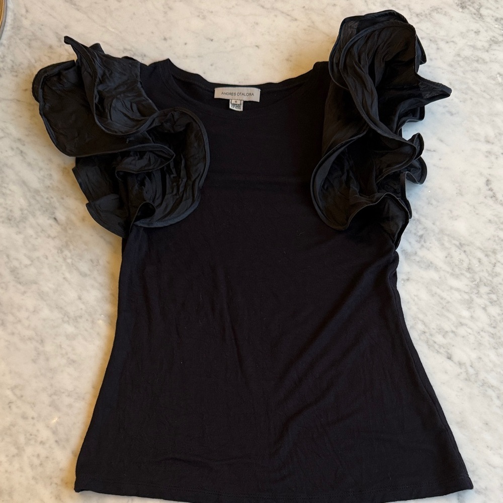 Andres Otalora Ruffle Sleeve Black Tee